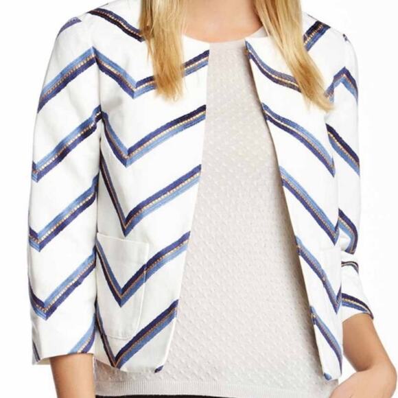 Paperwhite Jackets & Blazers - Paperwhite Chevron Open Jacket White Blue Gold Size 4